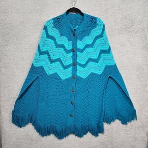 Homemade Hand Knit Teal Crochet Poncho‎ Cape Sweater Cardigan Buttons Vintage